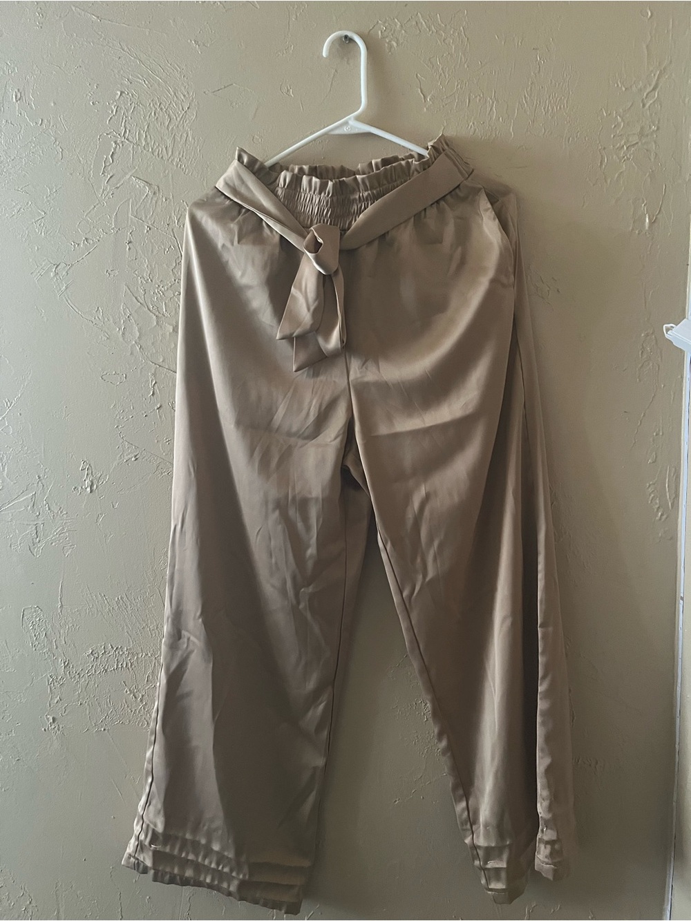 Beige Women's Paperbag Waist Trousers with Tie Belt